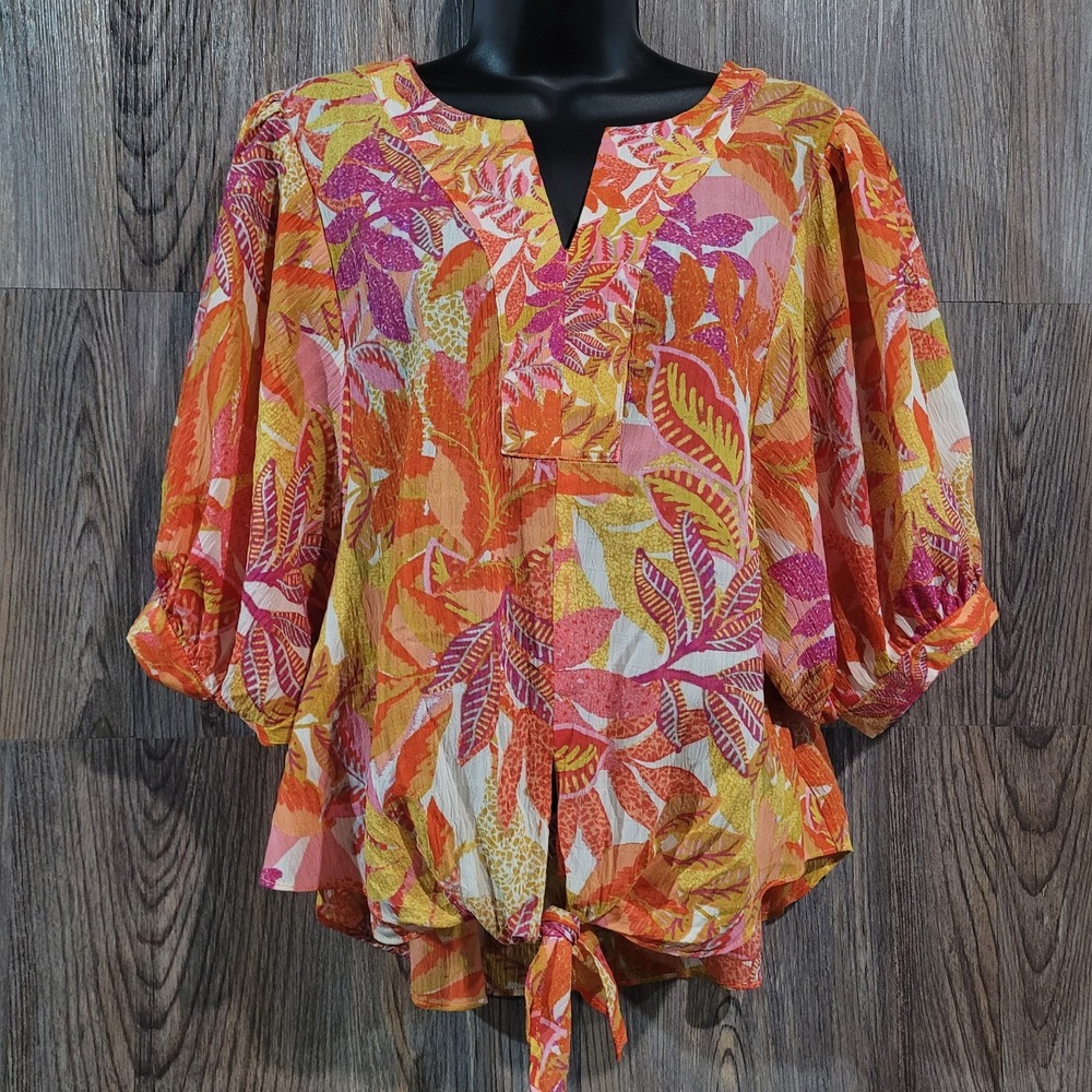 Rose & Olive Tie-Front Blouse Sz M Multicolor Bold Floral Balloon Puff Slv Boho